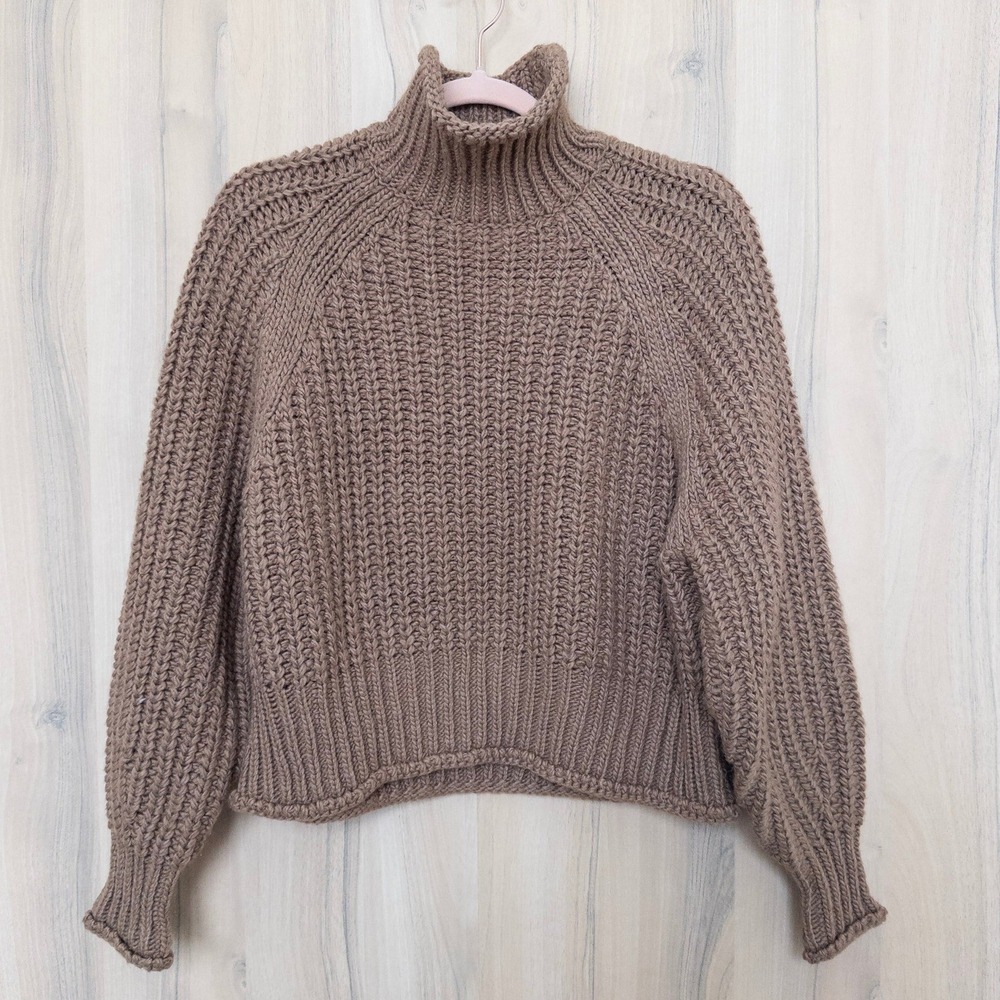 Womens Roll Neck Sweater Size S Brown Chunky Knit Turtleneck Cozy Minimalist‎